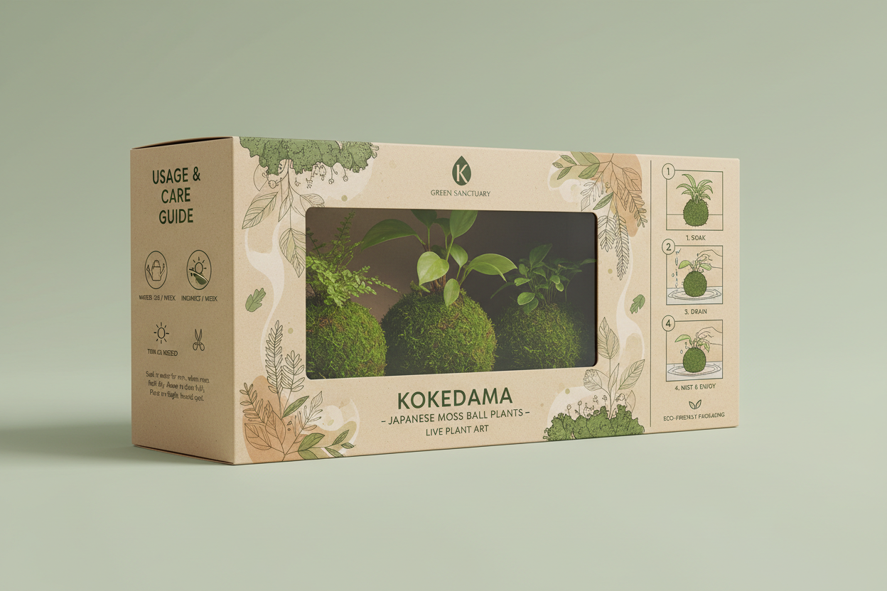 Un packagin de unas kokedamas con instrucciones de uso